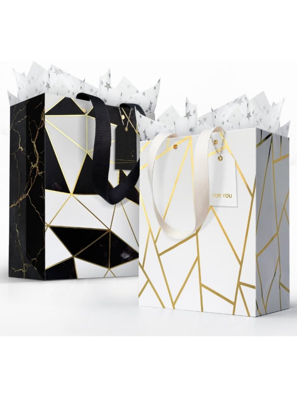 Stylish Black & Gold Gift Bags for Men & Women - 2 Pack Medium 13 Inch with